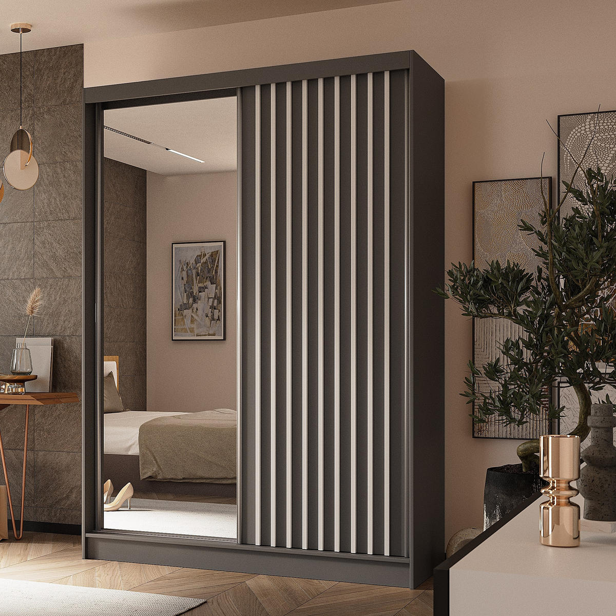 SCHWEBETÜRENSCHRANK LAMELLO 150/216/61 cm 2-türig mit Spiegel Grau - Grau, Holzwerkstoff (150/216/61cm) - MASSENO