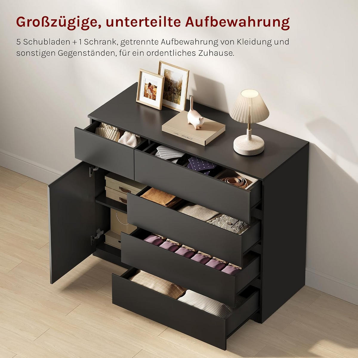 KOMMODE 5 Schubladen 100B x 40T x 80H cm Schwarz - Schwarz, Holzwerkstoff (100/80/40cm) - Woltu