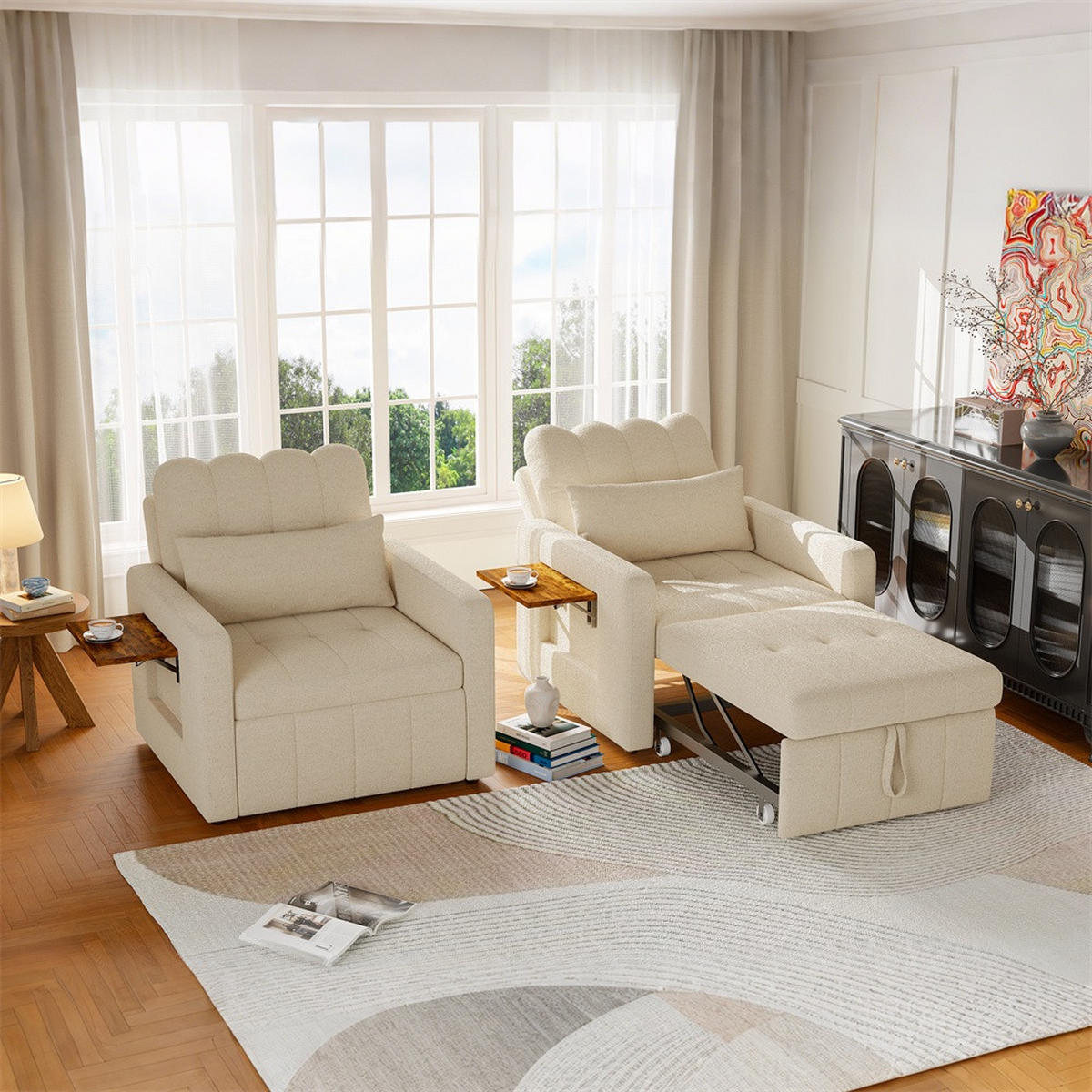 SCHLAFSESSEL mit klappbarem Ablagetisch und Seitentasche - Beige - Beige, Textil (85/86/108cm) - DELFA