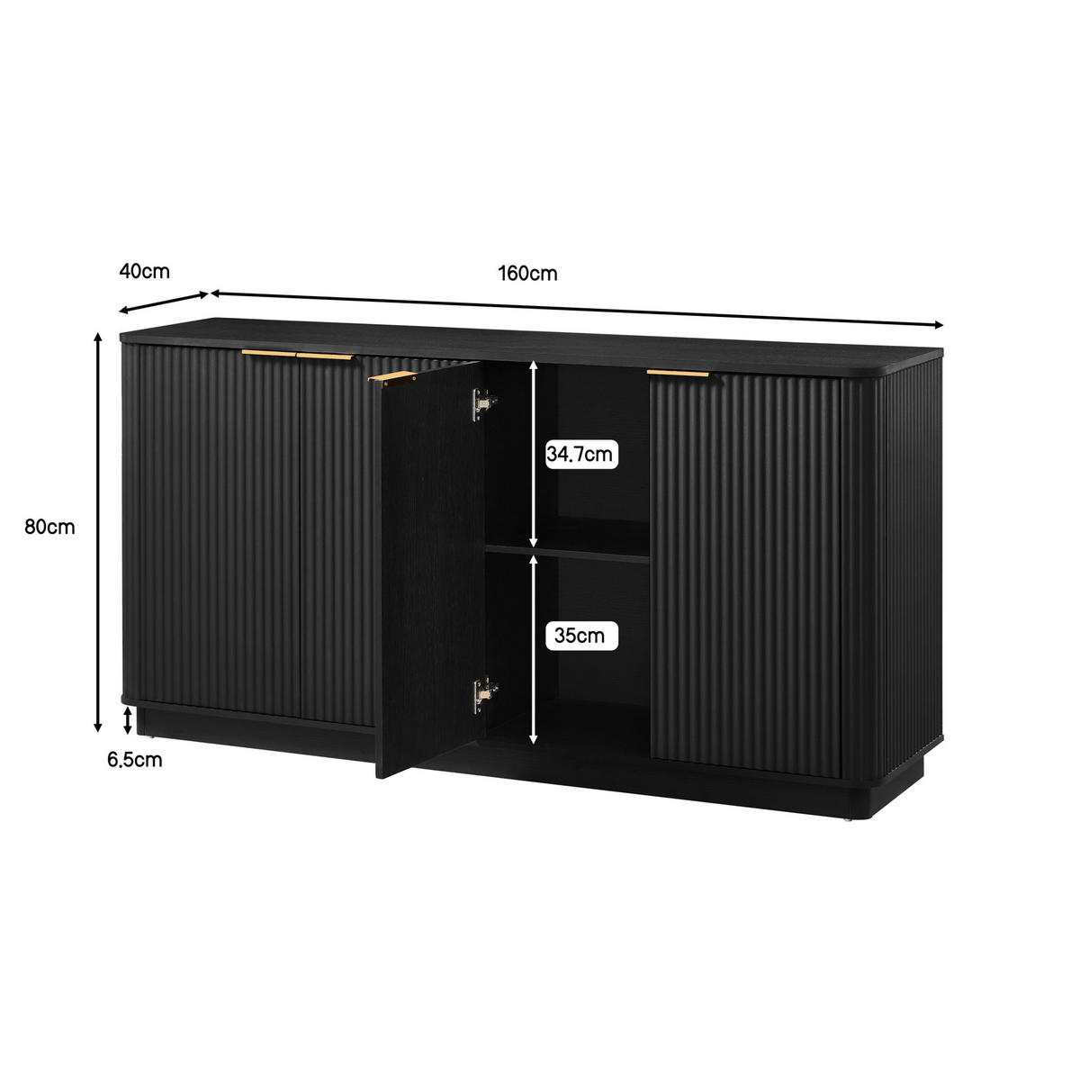 SIDEBOARD 160/40/80 cm aus MDF mit 4 Türen, Stauraum und Wellenfront, Schwarz - Schwarz, Holzwerkstoff (160/80/40cm) - Redom
