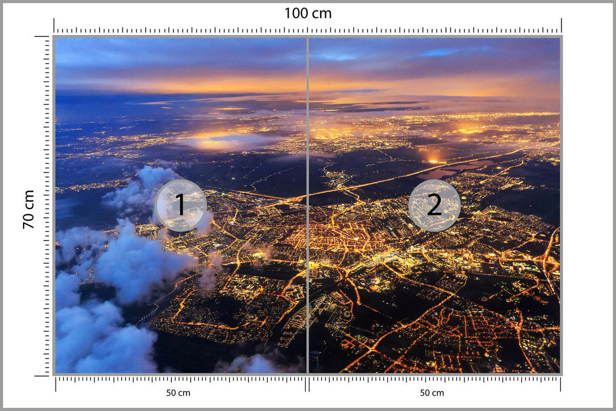 FOTOTAPETE für Wohnzimmer Vogelperspektive Beleuchtete Stadt Skyline 100x70 - Gelb/Orange, Papier (100/70cm) - Muralo