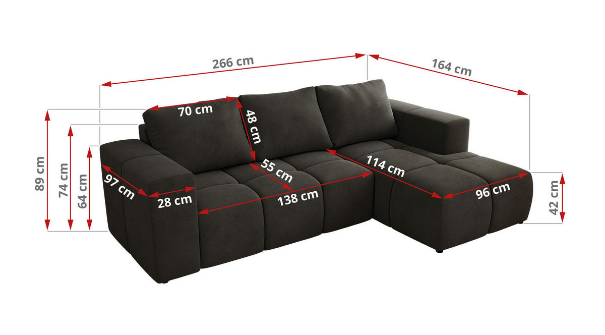 ROHOVÁ SEDAČKA MONIVA L - Tmavě šedá Samet - Pravá Strana - černá/tmavě šedá, textil/plast (266/164cm) - MKS