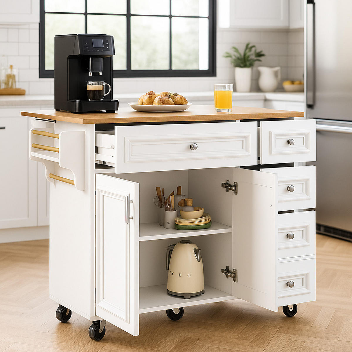 KÜCHENINSEL mit höhenverstellbarer Tischplatte und großzügigem Stauraum - Weiß, Holzwerkstoff/Metall (110/92/75cm) - Urban Meuble