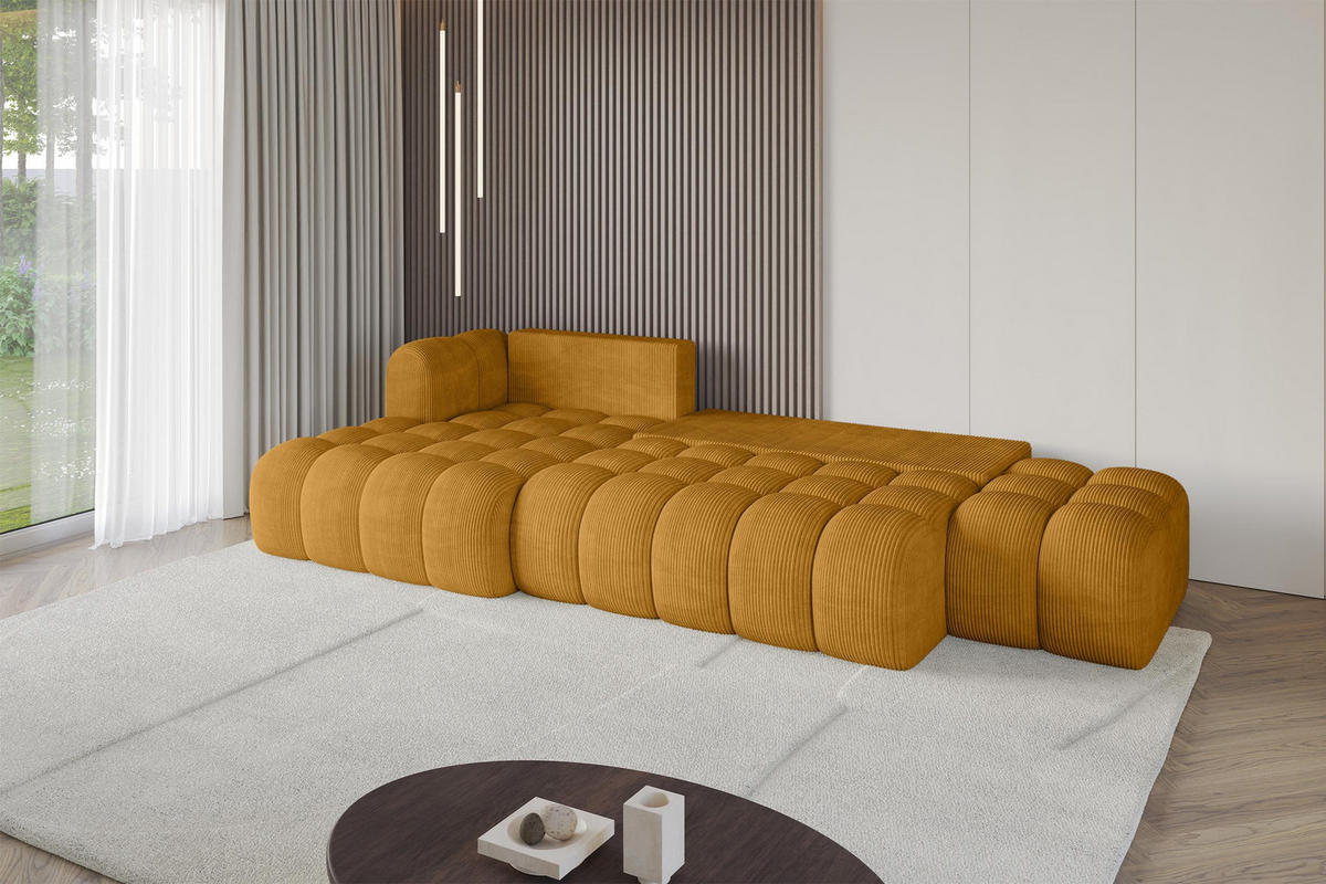 ECKSOFA mit Schlaffunktion Ottomane Links OLEA-L2 321x164x75 Senfgelb Cord - Schwarz/Honig, Holzwerkstoff/Kunststoff (321/164cm) - ALTDECOR