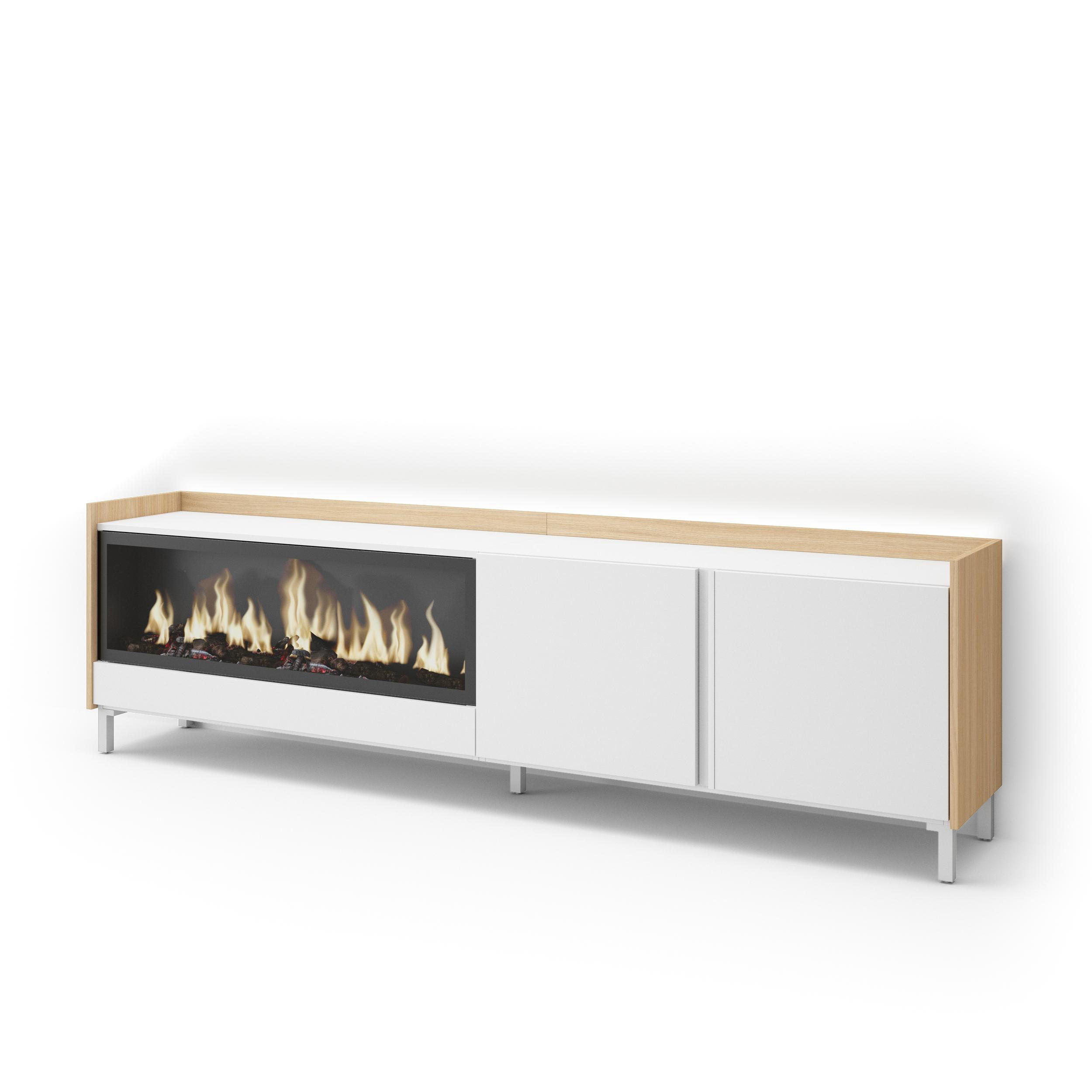 LOWBOARD, Weiß und Eiche, 212/35/61cm, Kamin mit Feuereffekt XXL - Weiß, Holzwerkstoff (212/61/35cm) - Skraut Home