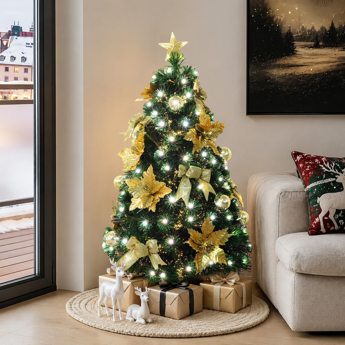 GLASFASER Weihnachtsbaum 120 cm mit 139 LEDs & Golddeko - Grün, Kunststoff (120cm) - Hometopia