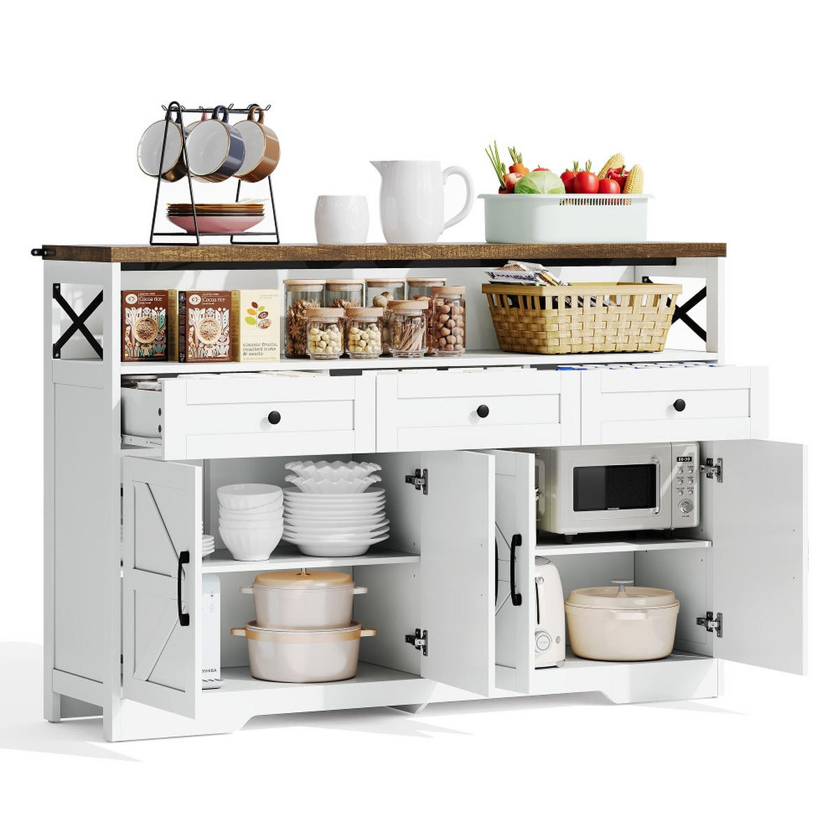 KÜCHENINSEL BUFFET-ANRICHTE mit 3 Schubladen und Türen, Landhausstil, Weiß-Braun, 140 cm - Braun, Kunststoff (35/95/140cm) - Rolipo