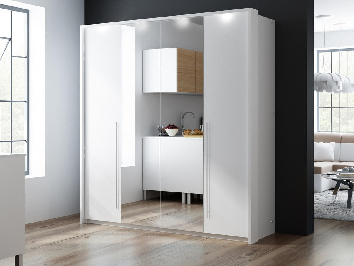 DREHTÜRENSCHRANK QUINN 209/219/65 cm 2-türig mit Spiegel Weiß - Weiß, Holzwerkstoff (209/219/65cm) - MASSENO
