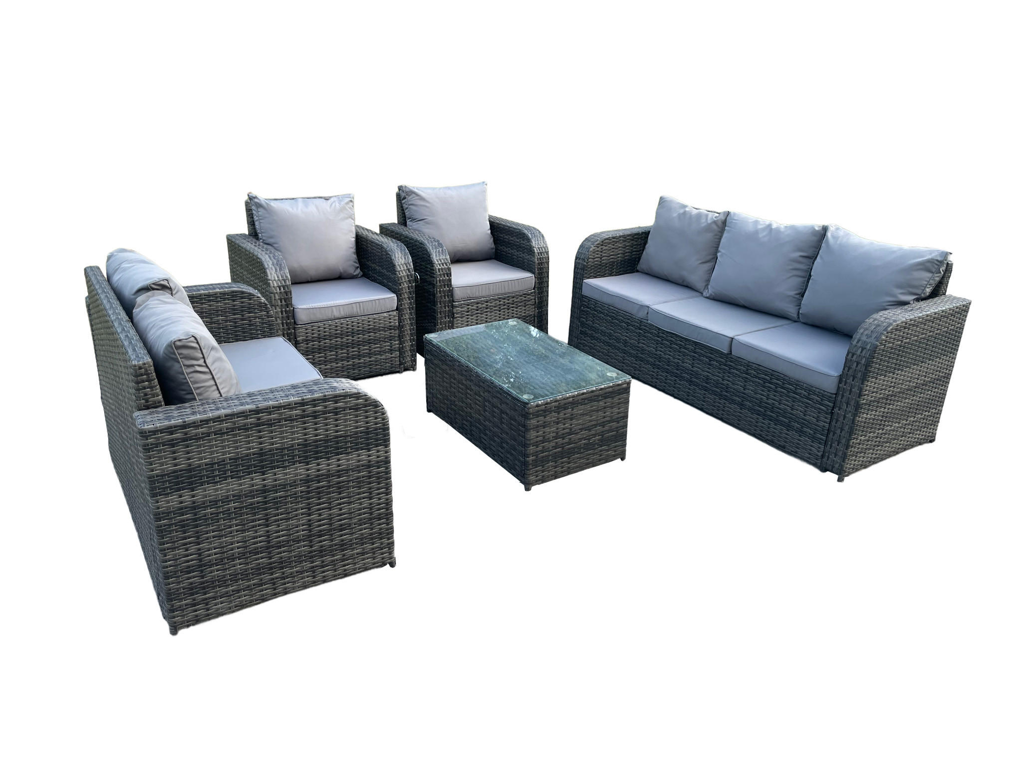 GARTENMÖBEL SET MIT LIEGESTUHL 3 SITZER SOFA Polyrattan Outdoor 7-Sitzer - Dunkelgrau/Grau, Glas/Kunststoff - Fimous