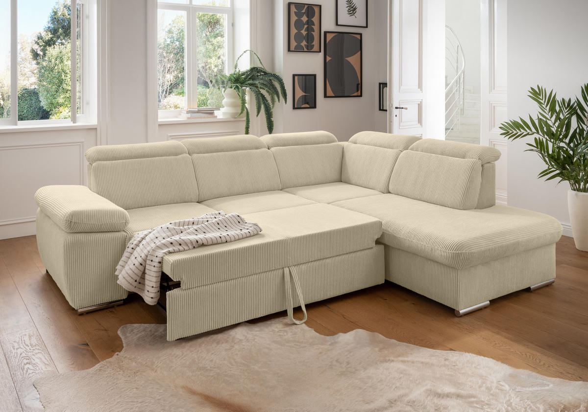 ECKSOFA mit Schlaffunktion, Bettkasten, Kopfstützen verstellbar, Wellenunterfederung, Ottomane rechts B283/T228/H102 cm, Cord Beige Grau / 17216 - Chromfarben/Greige, Textil/Metall (283/228cm) - luma-home