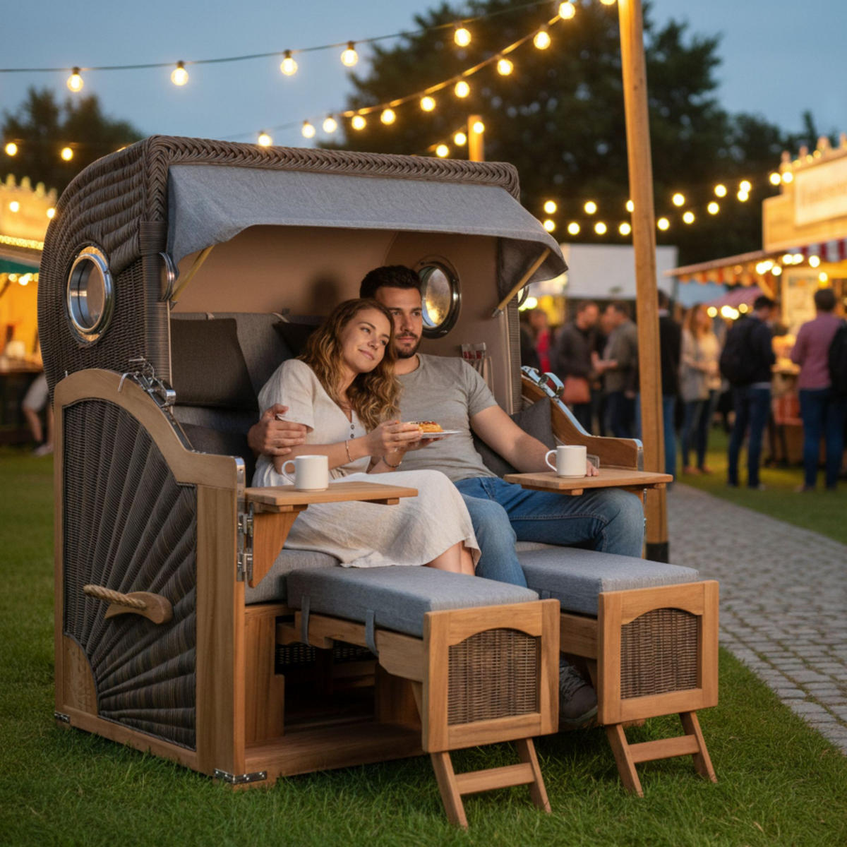 STRANDKORB Düne Grande Bullauge Teak PE Grey Dessin 570 - Braun/Grau, Metall (142/170/95cm) - Mr. Deko