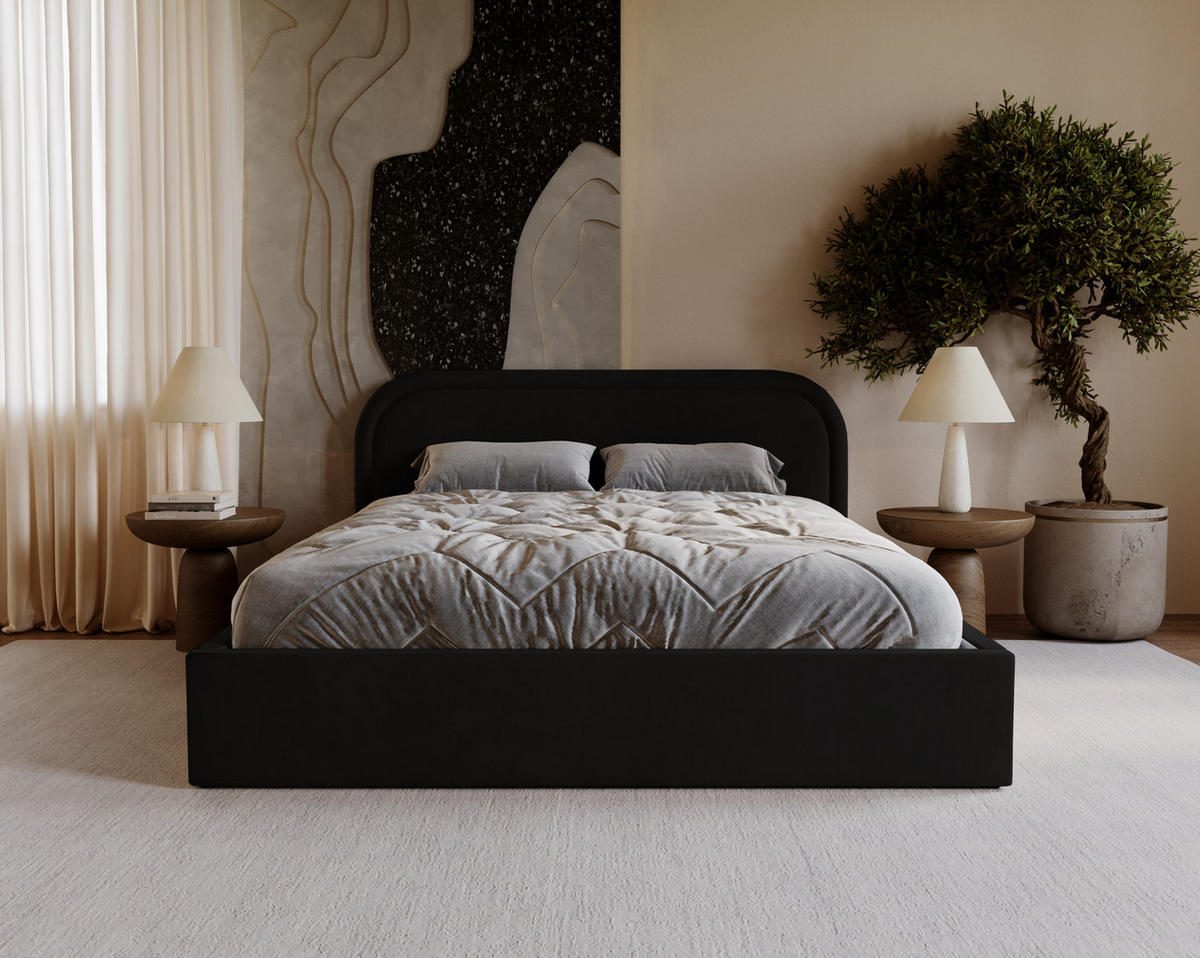 POLSTERBETT 180x200 Dune mit Bettkasten, runde Kopfteil, Samt, Schwarz - Schwarz, Holz/Textil (180/200cm) - Emporius