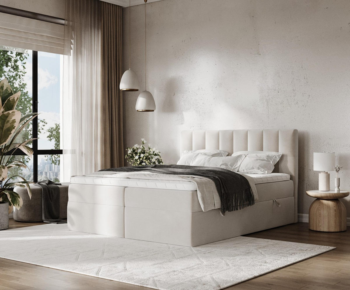 BOXBETT Bari 200/200 cm Hellbeige im Paros Stoff - Beige, Holz/Holzwerkstoff (200/200cm) - AltaBeds