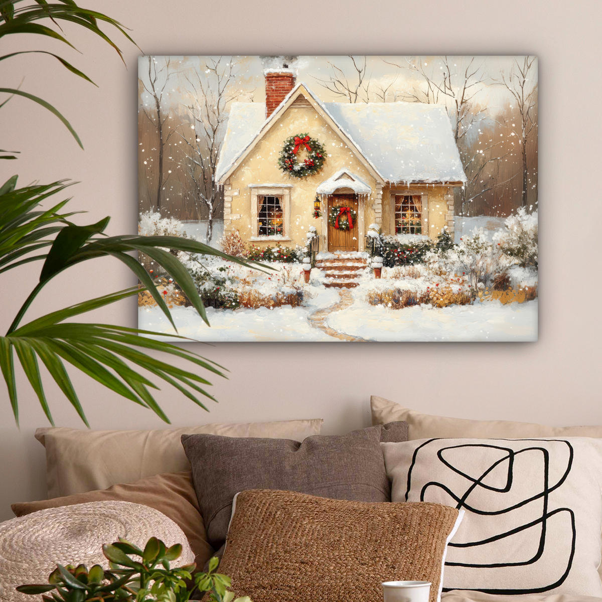 LEINWANDBILD Weihnachten - Zuhause - Winter - Schnee Wandbilder 80x60 cm - Creme, Textil (80/60cm) - MuchoWow