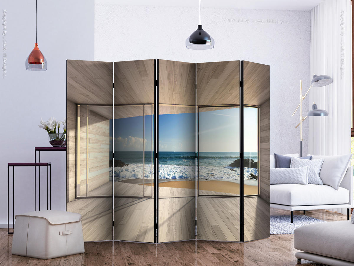 PARAVÁN Obojstranný 5-dielny 225x172 cm 3D Výhľad na More - viacfarebná, drevo/textil (225/172/3cm) - Muralo
