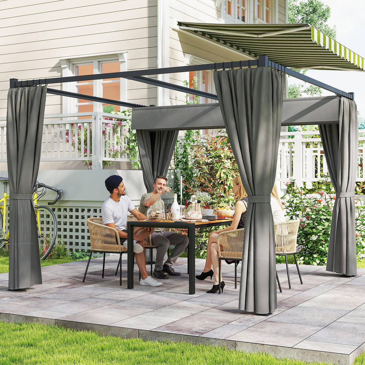 PERGOLA mit Schiebedach 4 Seitenwände Hellgrau 3 x 3 m - Hellgrau, Metall (300/227/300cm) - Outsunny