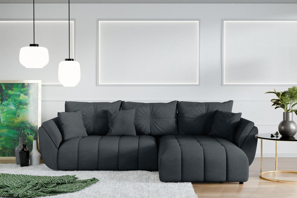 ECKSOFA L Form Antalya Graphit 280/190/91 cm – mit Bettkasten - Schwarz/Grau, Kunststoff/Textil (280/190cm) - AX Living