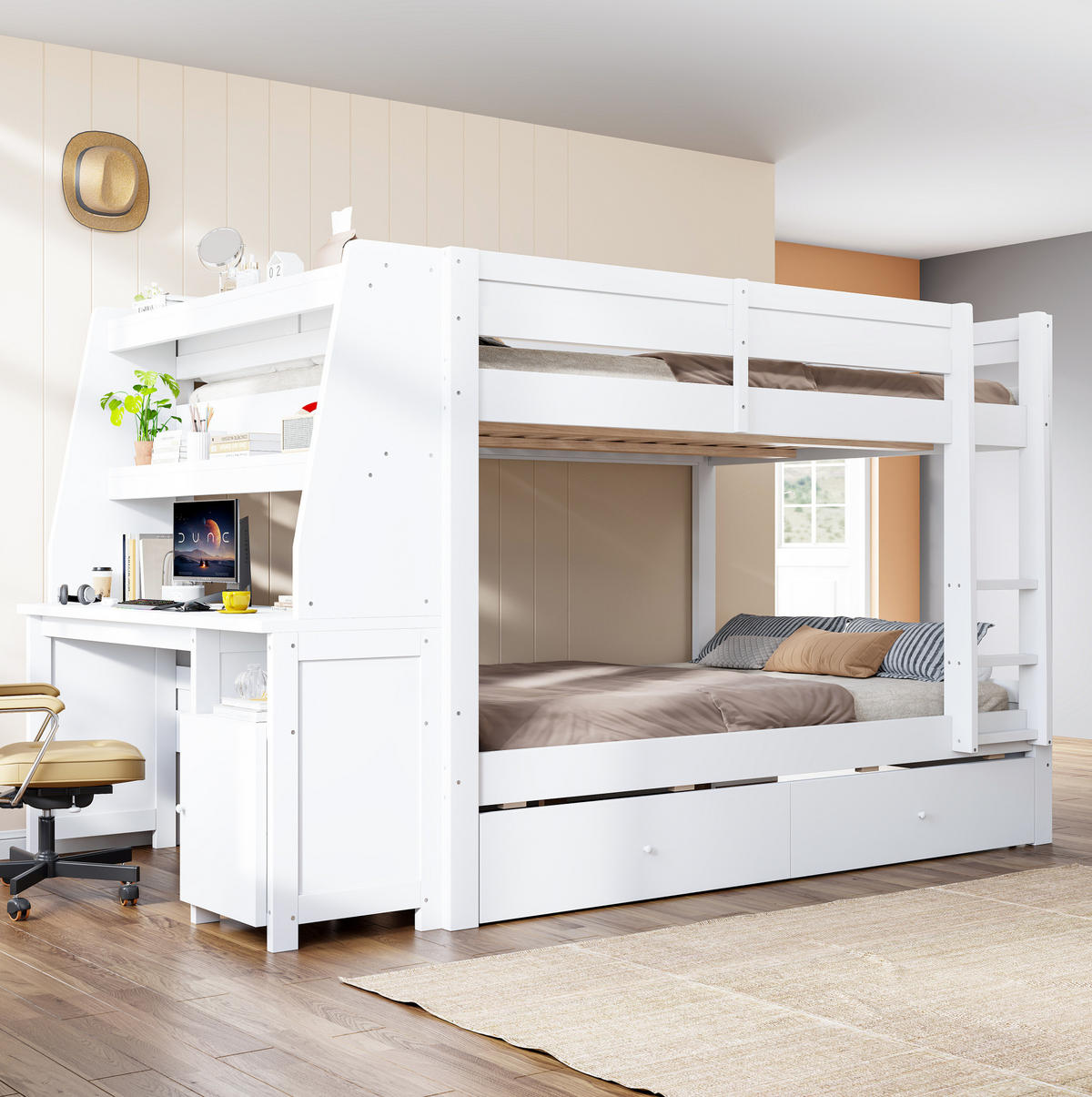 ETAGENBETT 140x200 cm in Weiß mit Schreibtisch, Stauraum und seitlichem Schrank - Weiß, Holz (140/200cm) - IVMEU