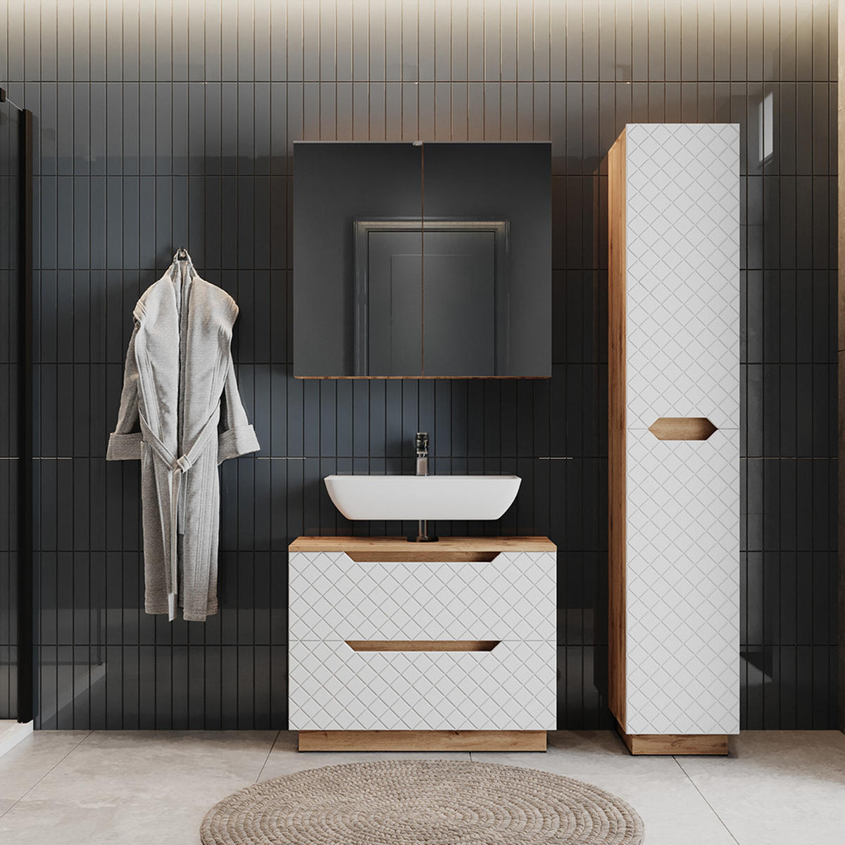 KOUPELNOVÝ NÁBYTEK Lotta Dub/bílá se strukturou dlaždic - bílá/barva dubu, kompozitní dřevo (79.6/62.5/32cm) - Vicco