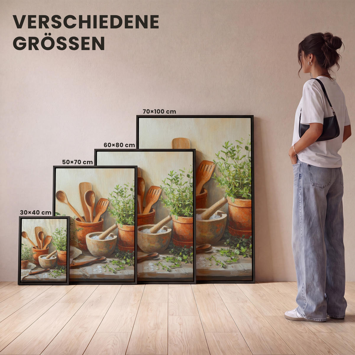 LEINWAND Bilder mit Rahmen - Töpfe - Kräuter - Holz - 60x80 - Terracotta, Textil (60/80cm) - MuchoWow