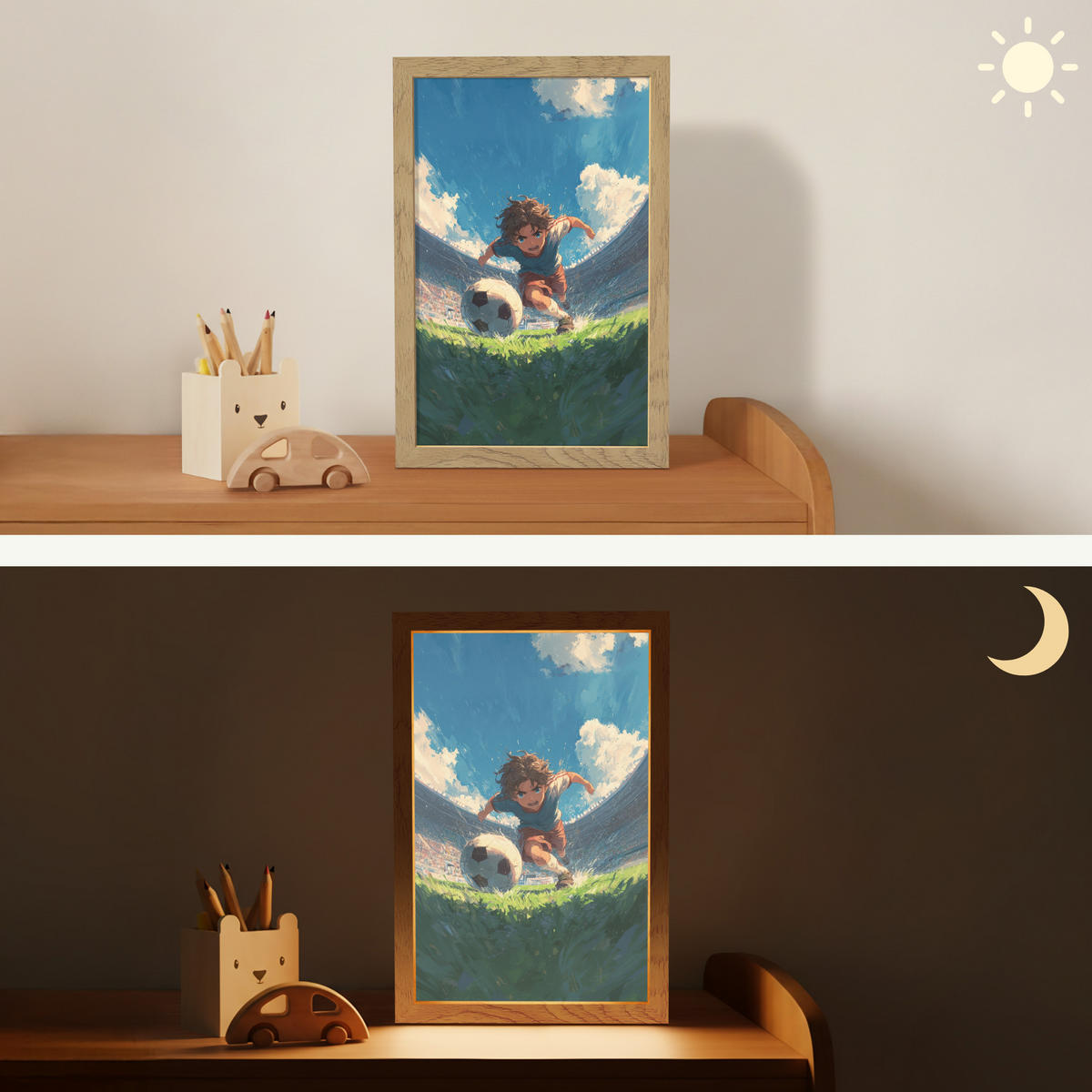 NACHTTISCHLAMPE Stadion - Fußballer - Ball 20x30 cm - Blau, Holzwerkstoff (8/20/30cm)