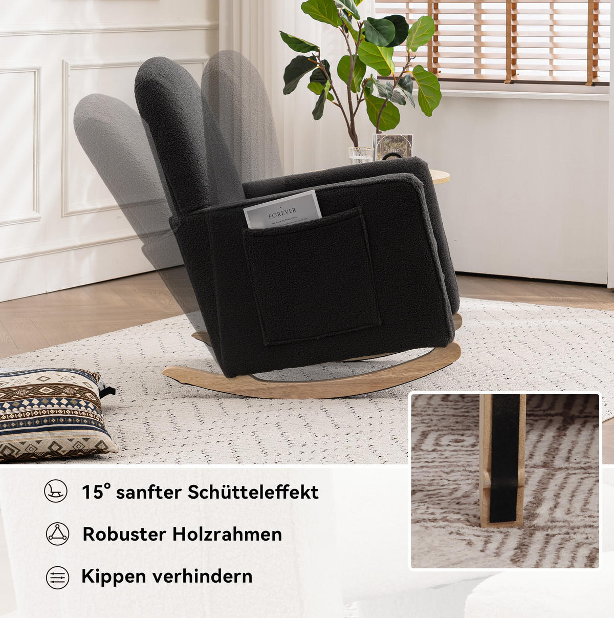 SCHAUKELSTUHL 67/126/98 cm dunkelgrau aus Lammfell-Optik mit Hocker - Dunkelgrau, Textil (126/98/67cm) - OKWISH