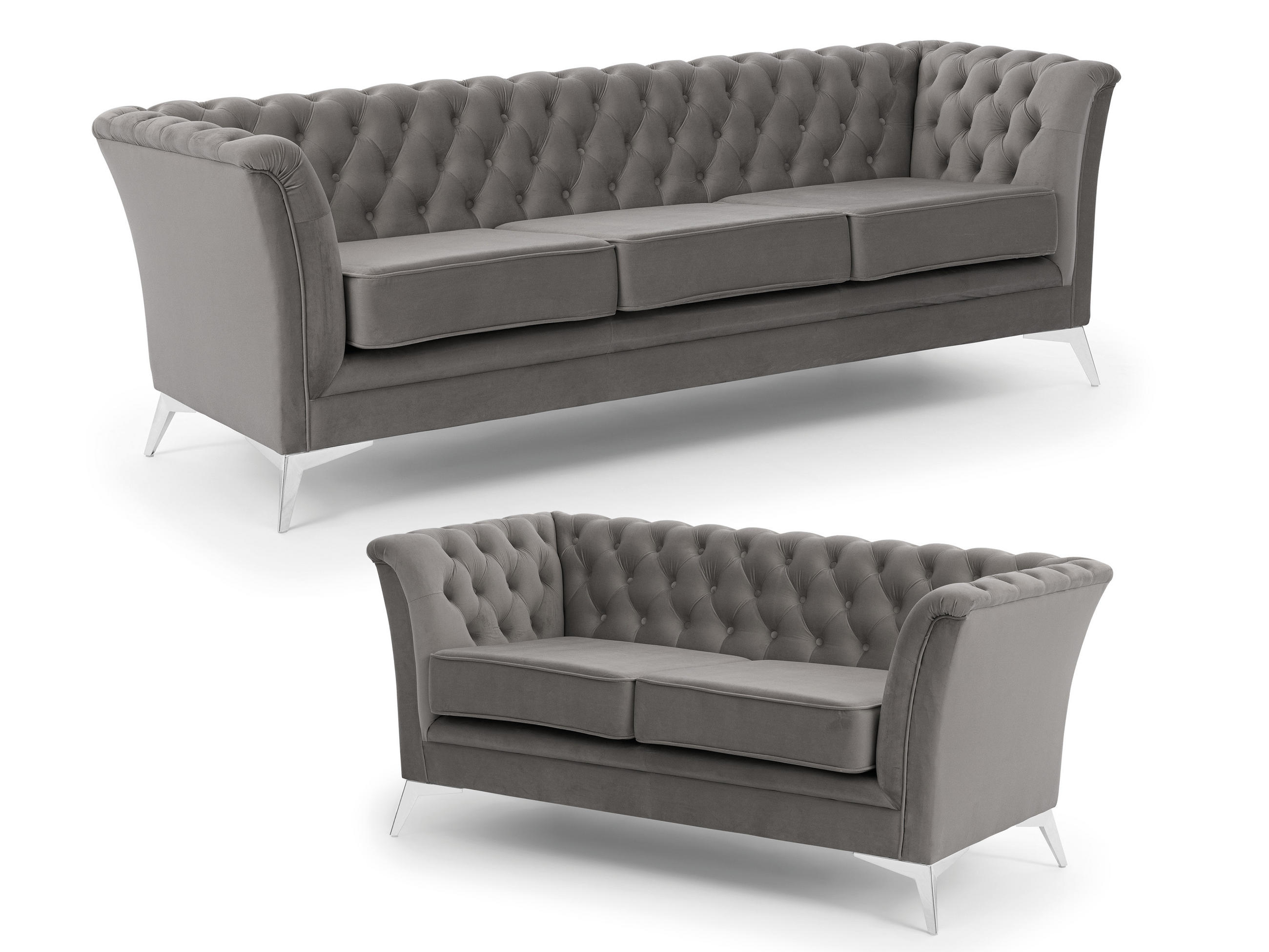 SITZGARNITUR 3+2 Chesterfield Whitby Grau Samt mit silbernen Füßen - Silberfarben/Grau, Holz/Textil (237/78/82cm) - S-Style Möbel