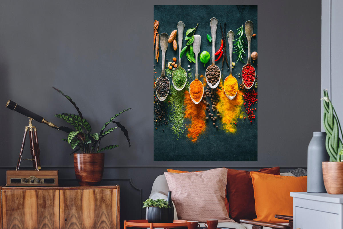 WANDTATTOO Kräuter - Gewürze - Löffel 80x120 cm - Currygelb, Kunststoff (80/120/0.1cm) - MuchoWow