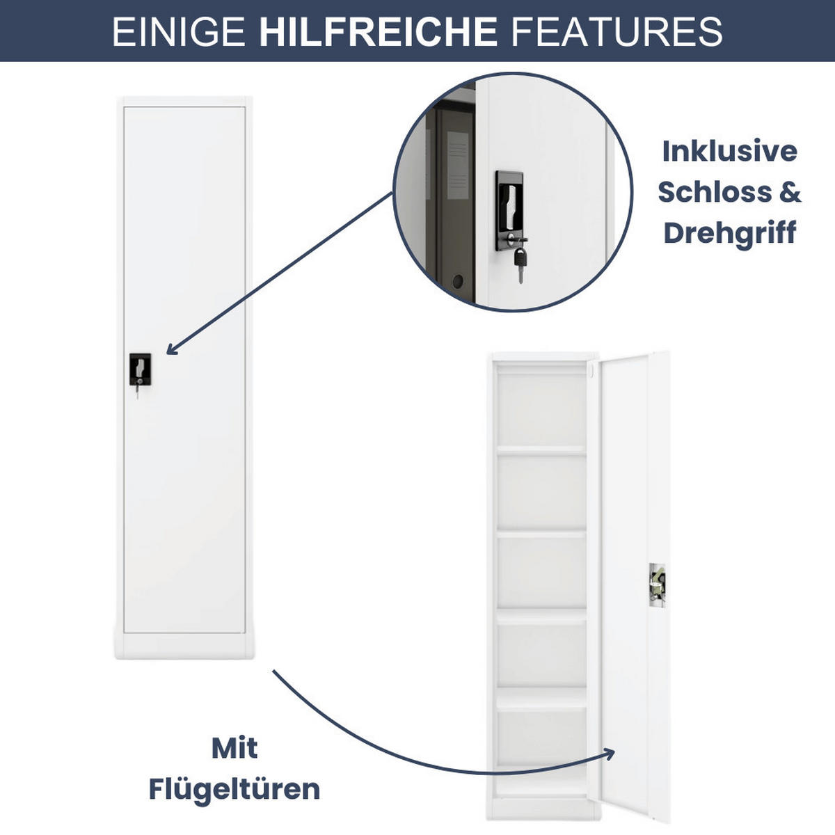 AKTENSCHRANK abschließbar KADO mit Flügeltüren 185x45x40cm Weiß - Weiß, Metall (45/185/40cm) - DELUKE