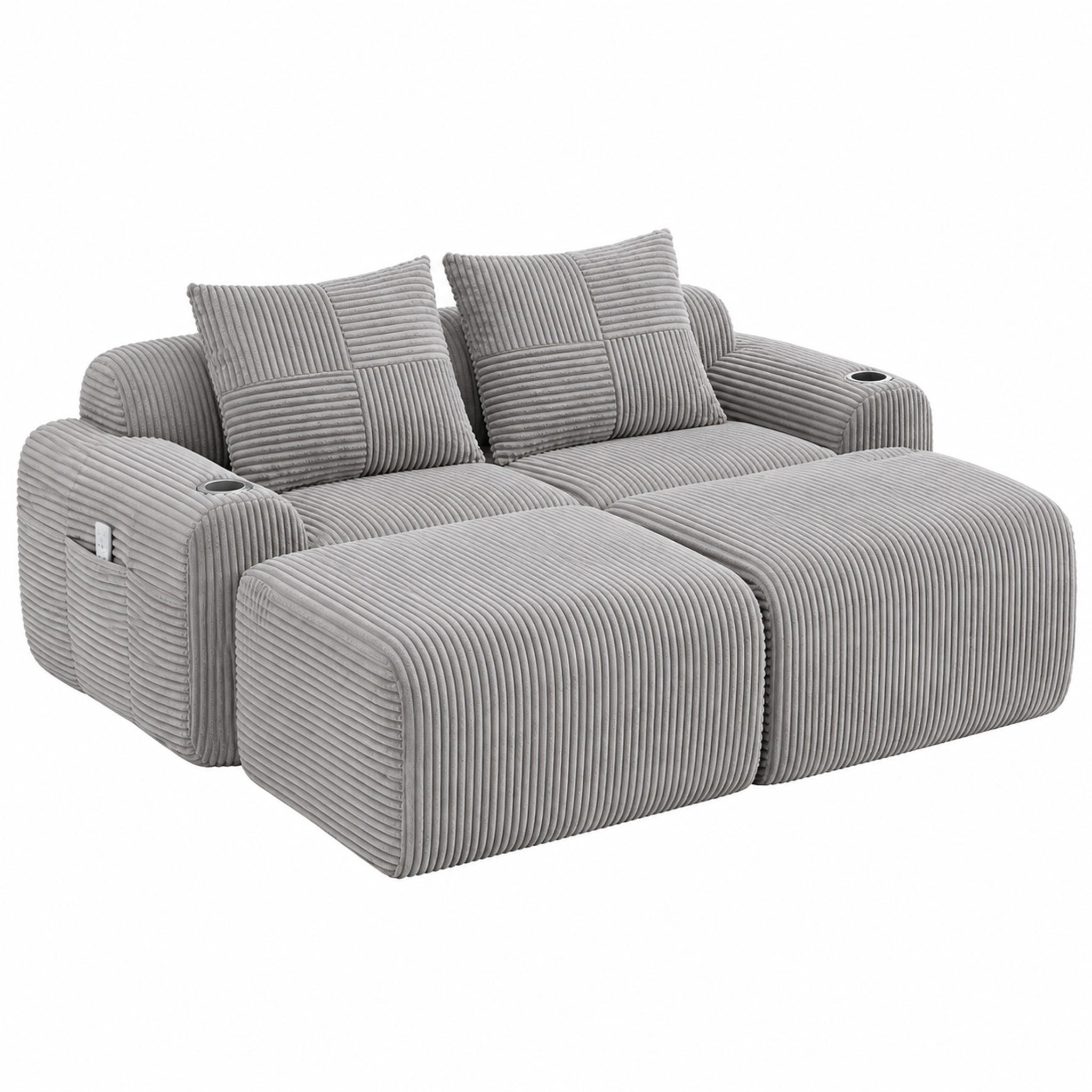 SOFA modular 2-Sitzer mit 2 Hockern 200 x 174 x 80 cm Corduroy Light Gray - Hellgrau, Kunststoff (174/80/200.1cm) - Meubliv