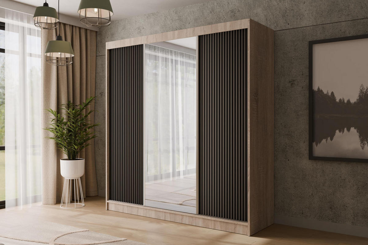 KLEIDERSCHRANK mit Spiegel V2-PRESTIG 215x200 cm - Sonoma Eiche|Schwarz - Schwarz/Sonoma Eiche, Holzwerkstoff (200/215/61cm) - ALTDECOR