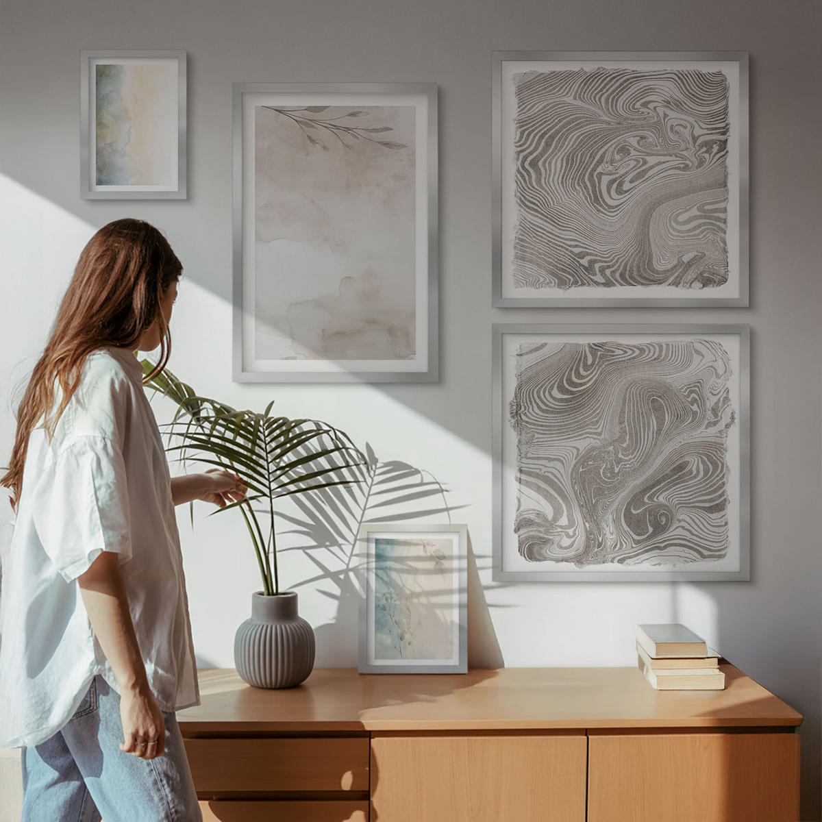 BILDER SET 5er Set - 50x50 cm & 20x30 cm & 40x60 cm Silberner Rahmen - Zarte Aquarellkartons - Silberfarben, Kunststoff (40/60cm) - TULUP