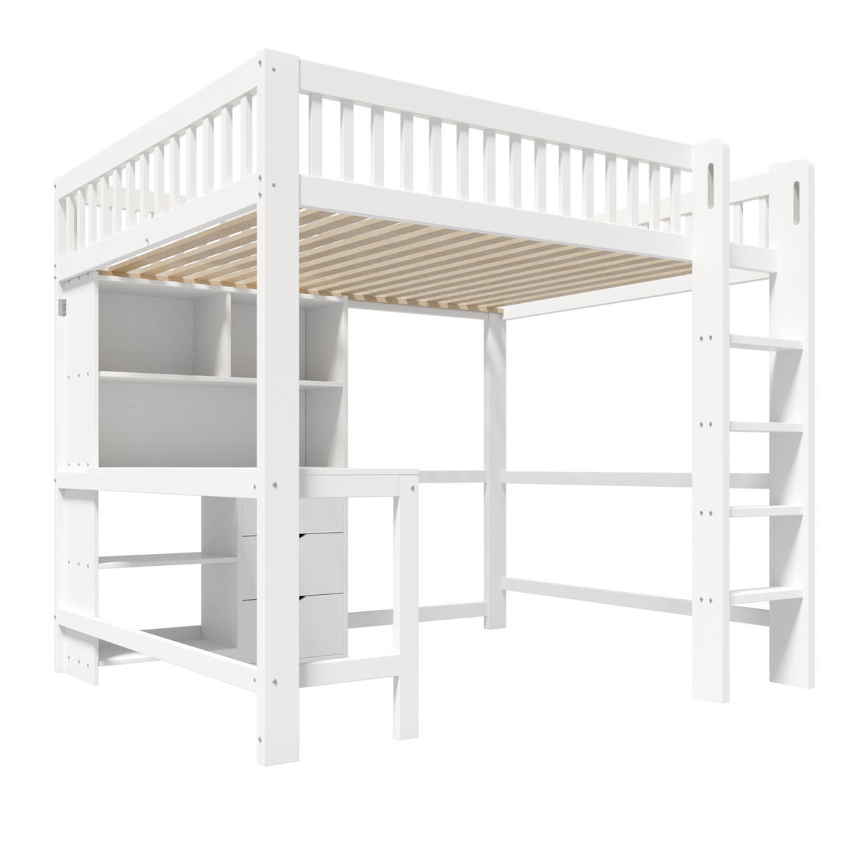HOCHBETT 140/200 cm mit Schreibtisch, 3 Schubladen, Ablagefächern und Leiter, Weiß - Weiß, Holz (140/200cm) - Redom