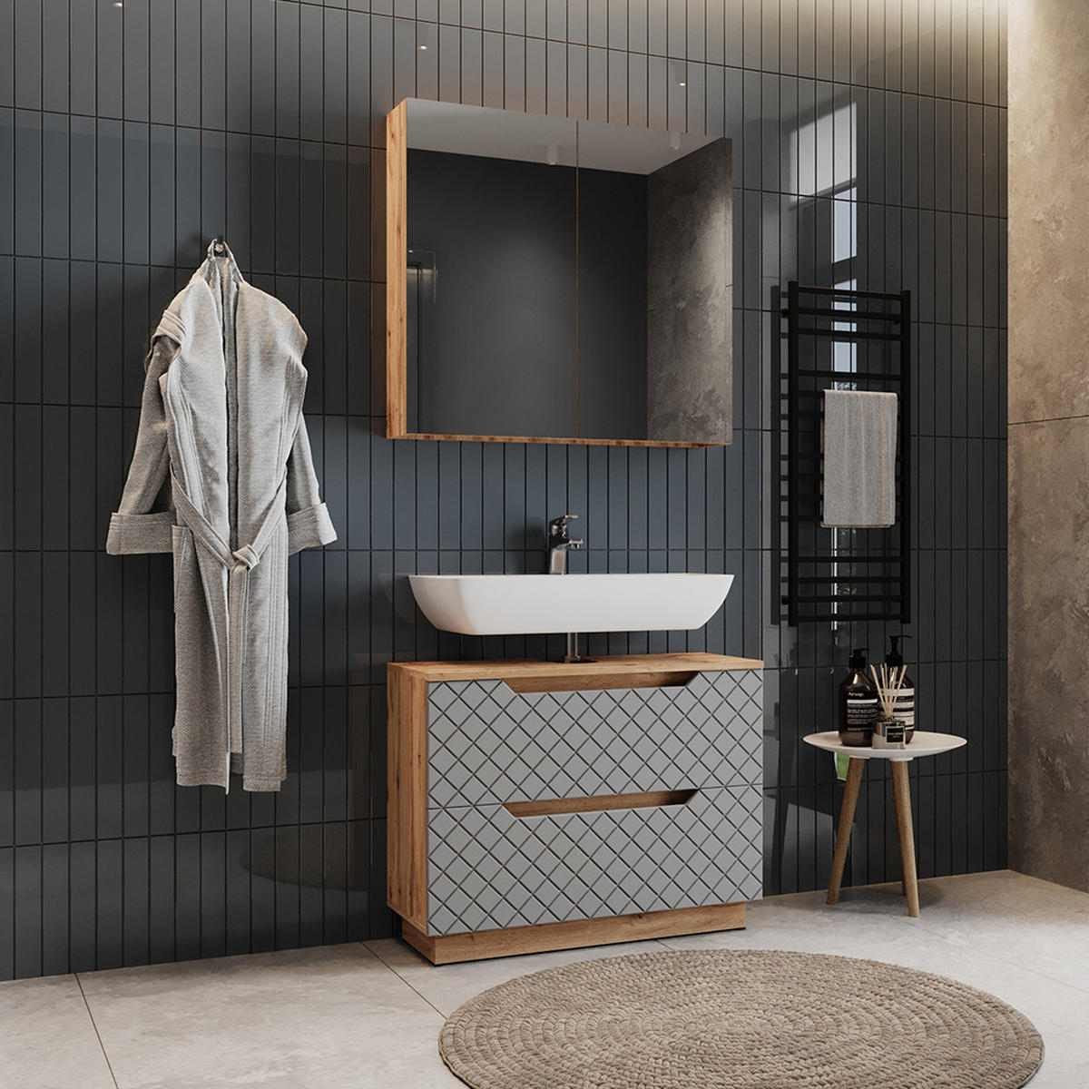 BADMÖBEL-SET Lotta Eiche/Grau mit Kachelstruktur 2 Teile - Grau, Holzwerkstoff (79.6/62.5/32cm) - Vicco