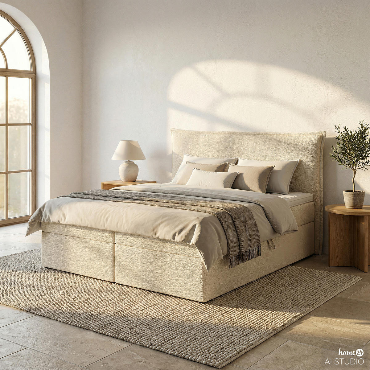 BOXBETT mit Stauraum - Bouclé - Creme, Holzwerkstoff/Textil (180/200cm) - home24