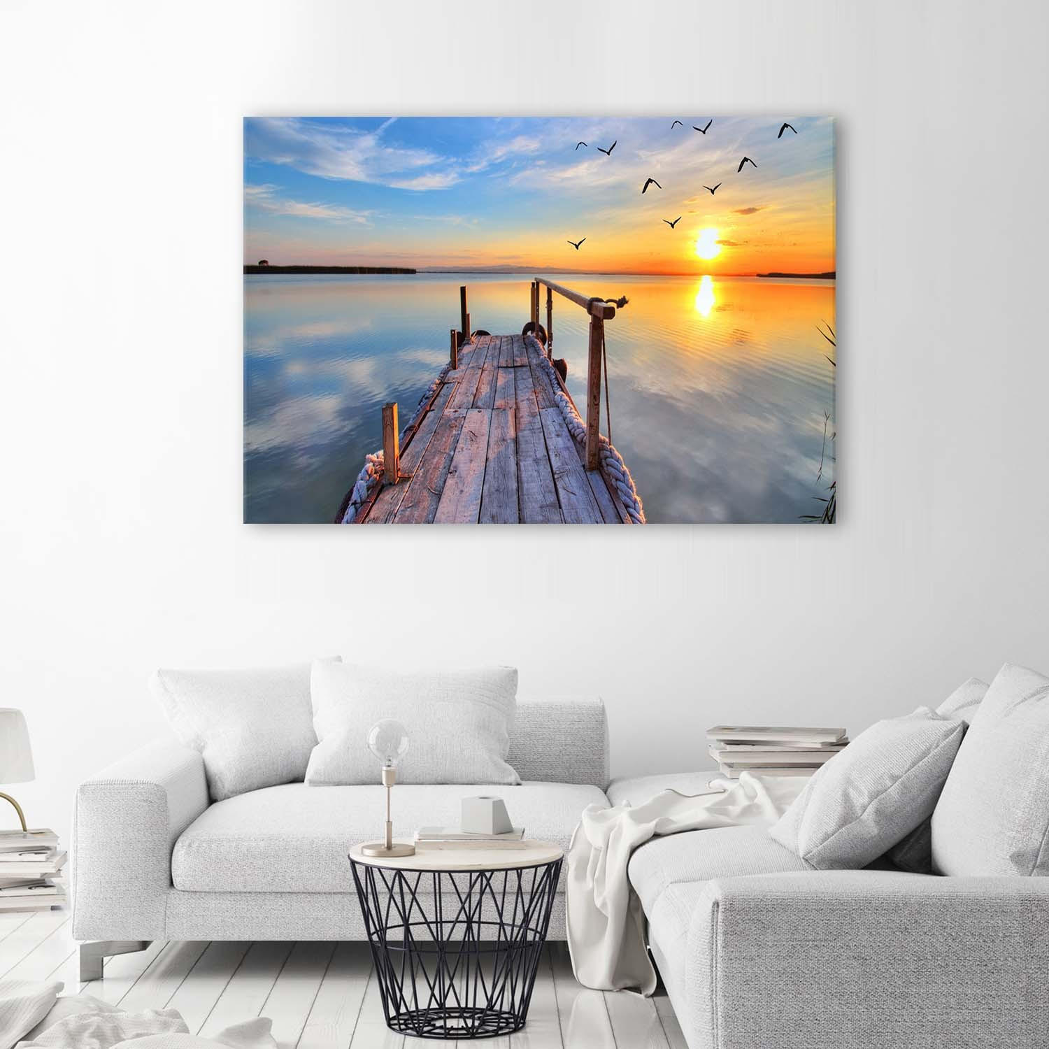 BILD Sonnenuntergang Steg See 100x70cm - Blau, Textil (100/70cm) - Feeby