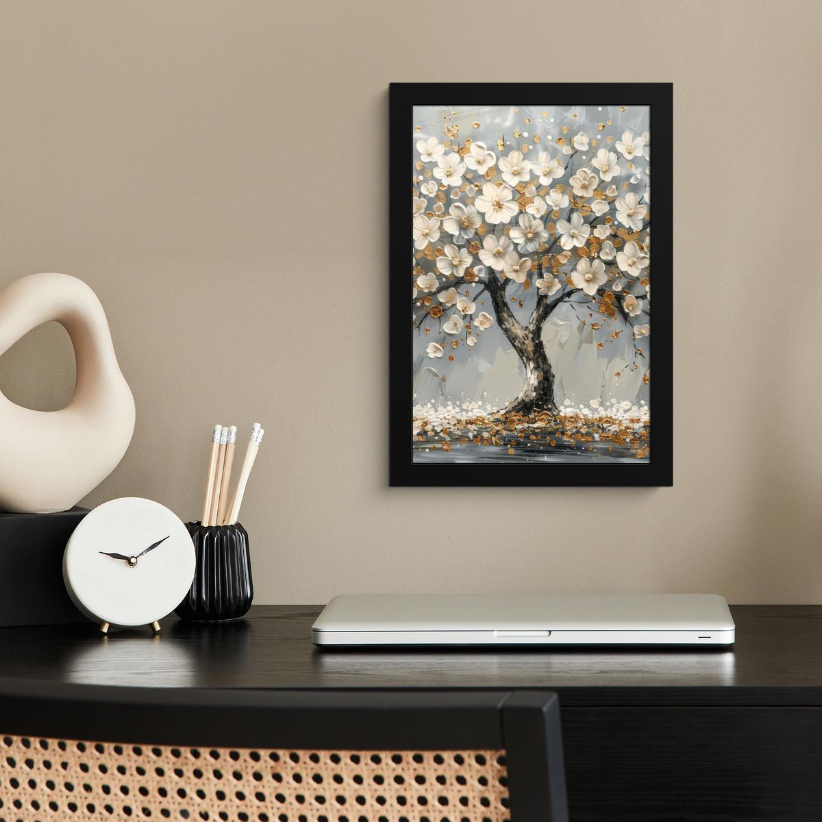 GERAHMTES BILD Baum - Blumen - Weiß - Natur - Kunst 20x30 cm - Weiß, Papier (20/30cm) - MuchoWow