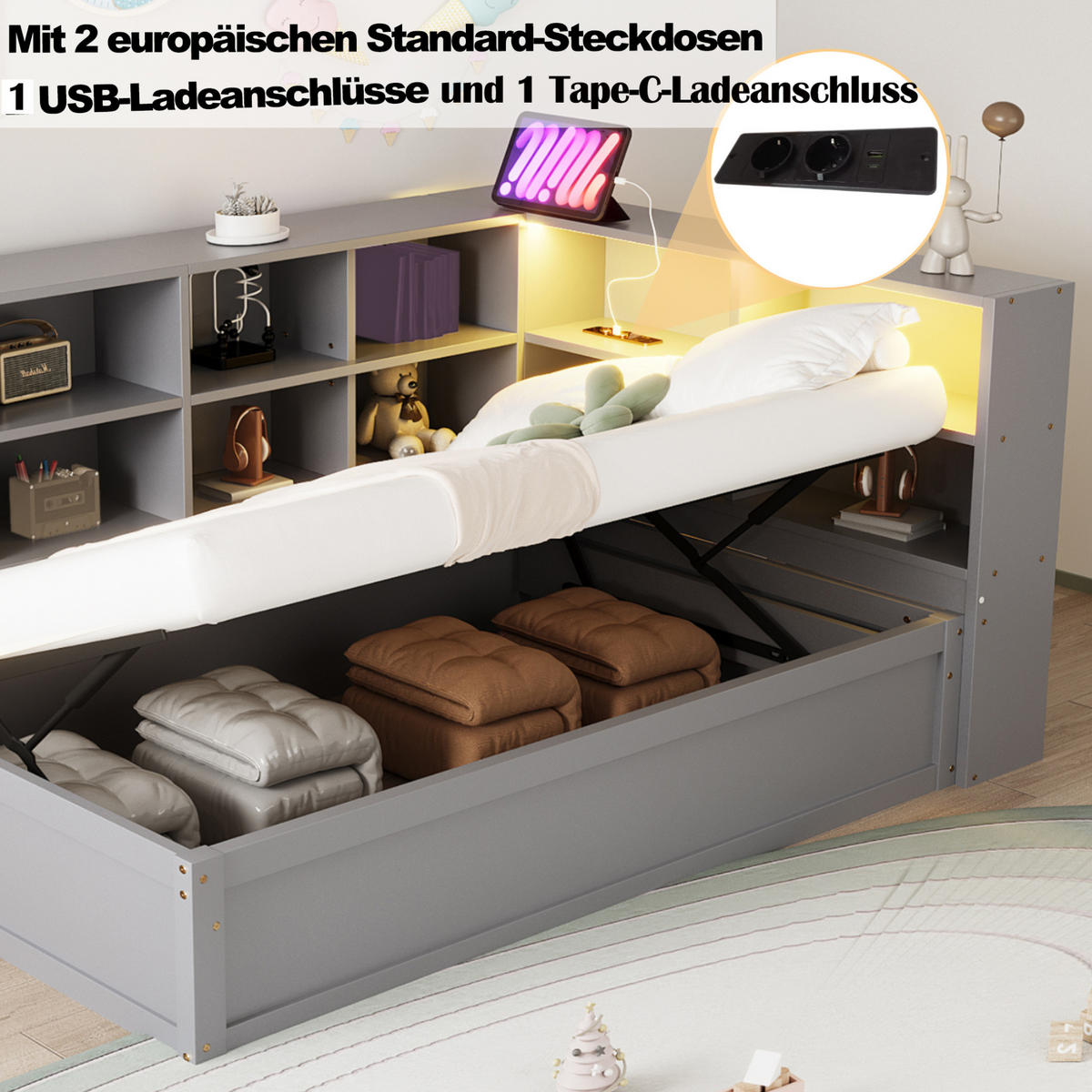 BETT 90/200 cm Grau aus Holz mit LED-Lichtleiste und Stauraum - Grau, Holz (90/200cm) - OKMYHOME