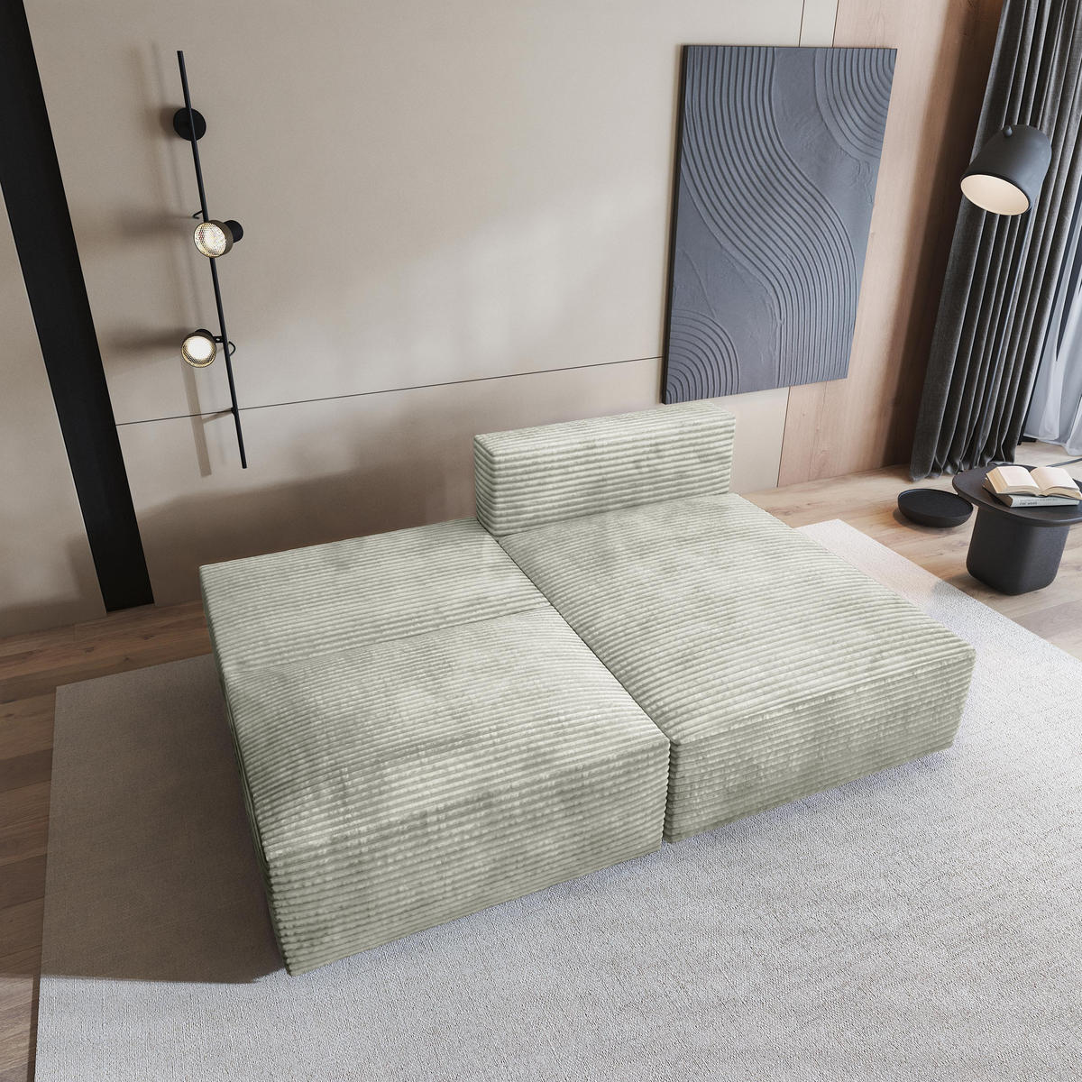 ECKSOFA FIORO Hellgrau Kordstoff mit Schlaffunktion - Silberfarben, Holz (204/148cm) - MASSENO