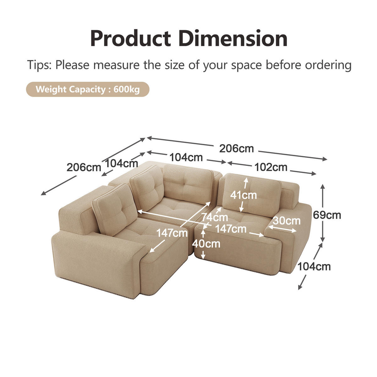 3-SITZER Sofa 177x104x69 cm aus Cordstoff rahmenlos modular, beige - Beige, Textil (104/69/177cm)