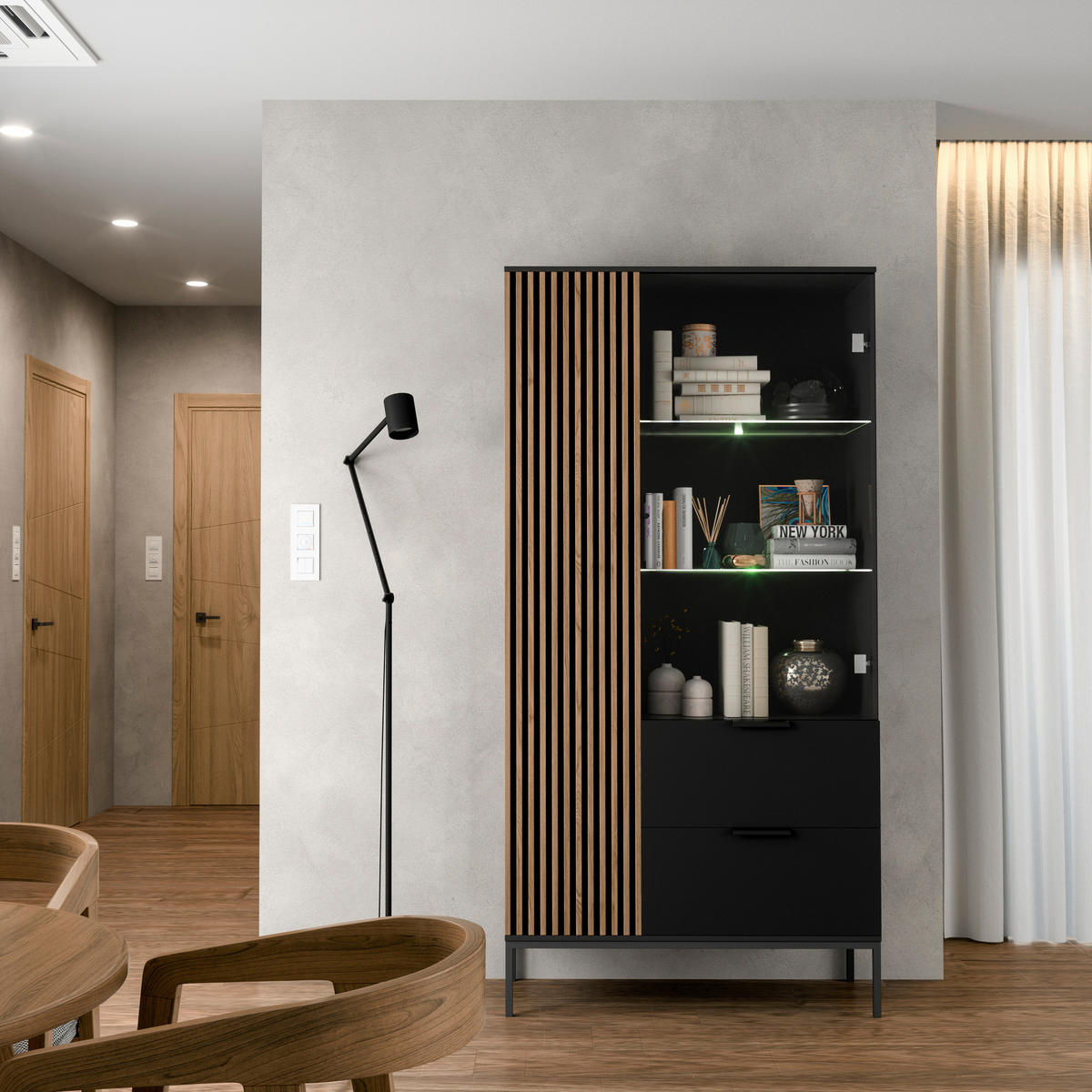 VITRINE - Meteor (Schwarz + Artisan) - Schwarz, Holzwerkstoff/Metall (100/200/60cm) - Möblo