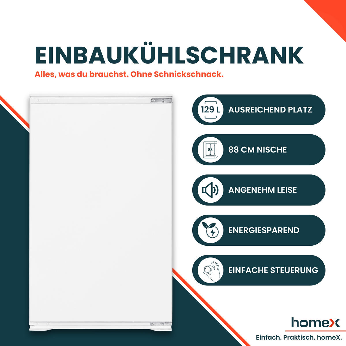 KÜHLSCHRANK Einbau, ohne Gefrierfach, 88cm Nische, 129 Liter, Schlepptürtechnik, CB1291E - Weiß, Glas/Kunststoff (54/89/54cm) - homeX