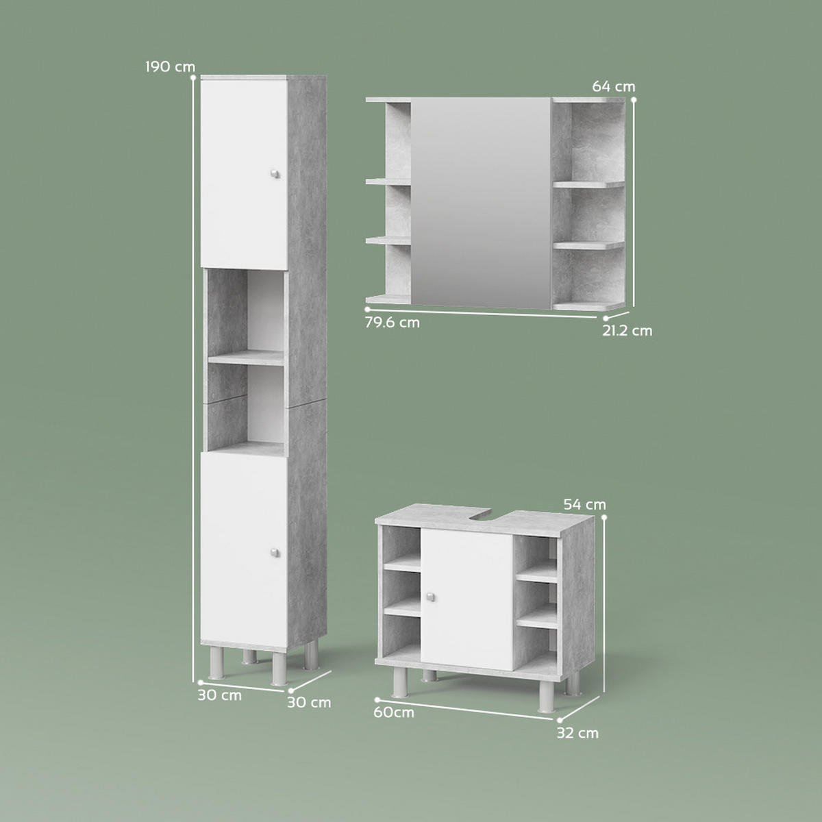BADMÖBEL-SET Fucino Beton 3 Teile, mit Hochschrank - Schieferfarben/Weiß, Holzwerkstoff (60/54/32cm) - Livinity®