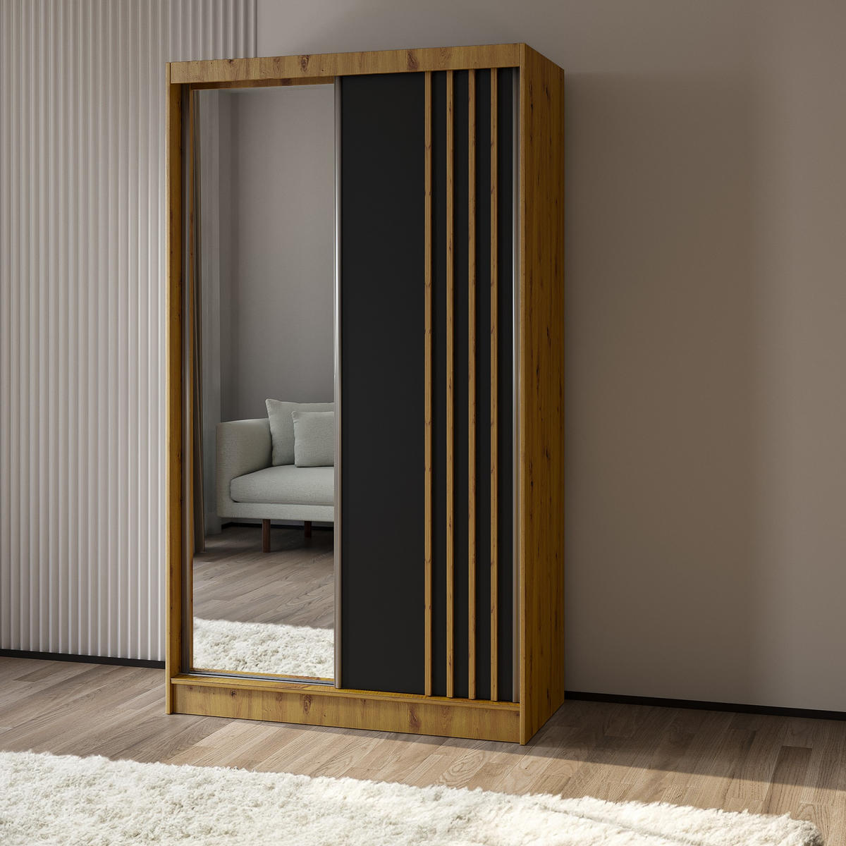 SCHWEBETÜRENSCHRANK NELVIA 120/216/61 cm 2-türig mit Spiegel Eiche Artisan - Schwarz/Eiche Artisan, Holzwerkstoff (120/216/61cm) - MASSENO