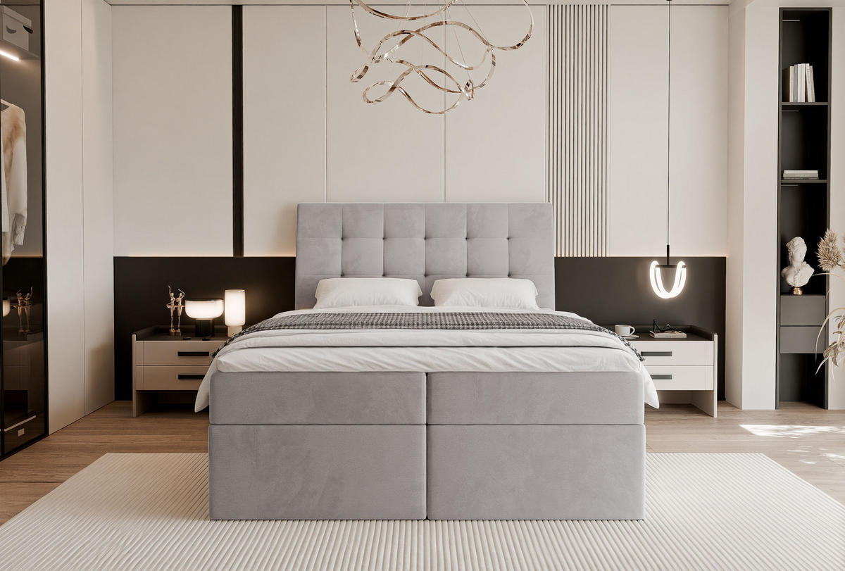 BOXBETT BAILEY 160/200 cm mit Matratze und Topper, Grau - Schwarz/Grau, Textil/Metall (160/200cm) - Idohome