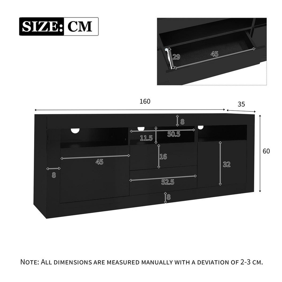 TV-SCHRANK 160x35cm Hochglanz LED-Beleuchtung 3 Fächer 2 Türen 2 Schubladen - Schwarz, Holz (44/22.5/70cm) - FLIEKS