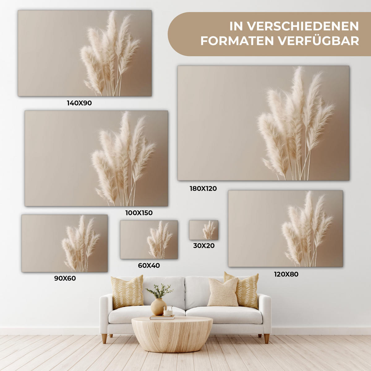 LEINWANDBILD Pampasgras - Federn - Pastell - Weiß 150x100 cm - Naturfarben, Textil (150/100cm) - MuchoWow