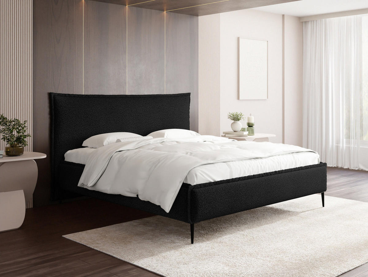 POLSTERBETT Pillow Rise mit Bettkasten, Lattenrost & hohen Metallfüßen in Schwarz Bouclé 140x200 cm - Birkefarben/Schwarz, Holz/Textil (140/200cm) - WFL GROUP