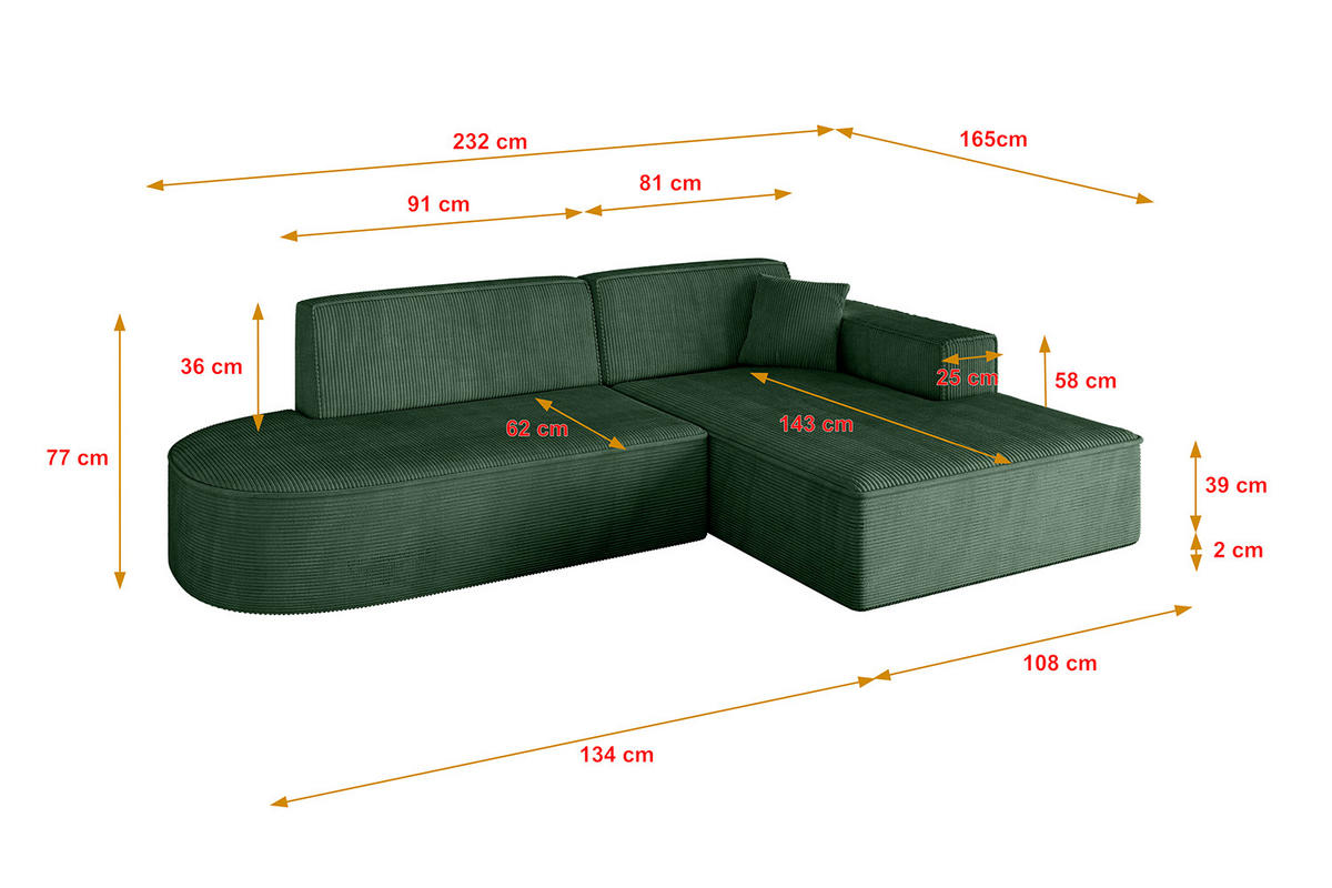 ECKSOFA Ottomane Rechts IREA-L1-v4 - 232x165x77 cm Grün - Currygelb, Holzwerkstoff/Textil (232/165cm) - ALTDECOR