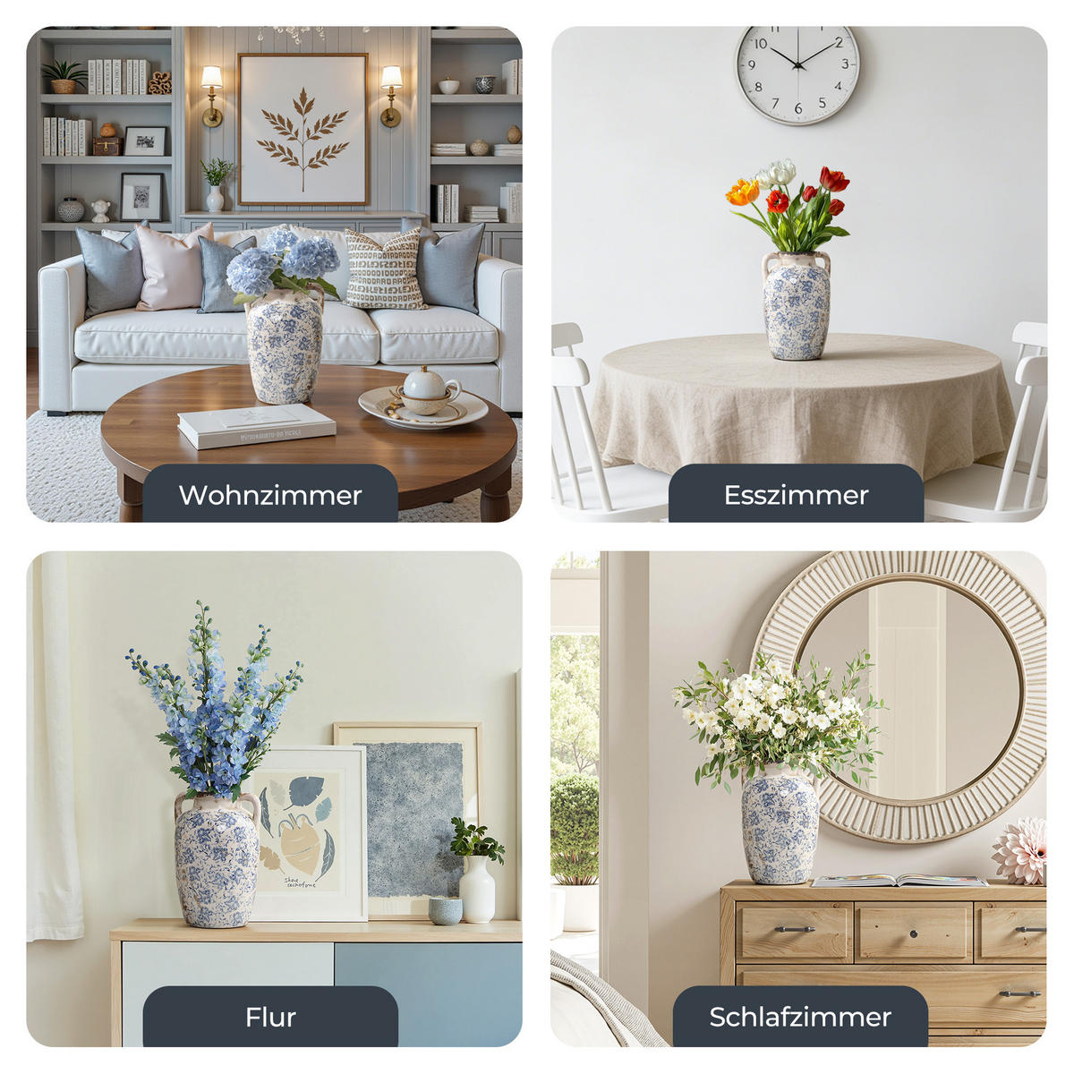 VASE Vintage, Keramik Weiß | Handbemalt, Doppelhenkel, Ø19 x H29 cm - Weiß, Keramik (29cm) - Hometopia